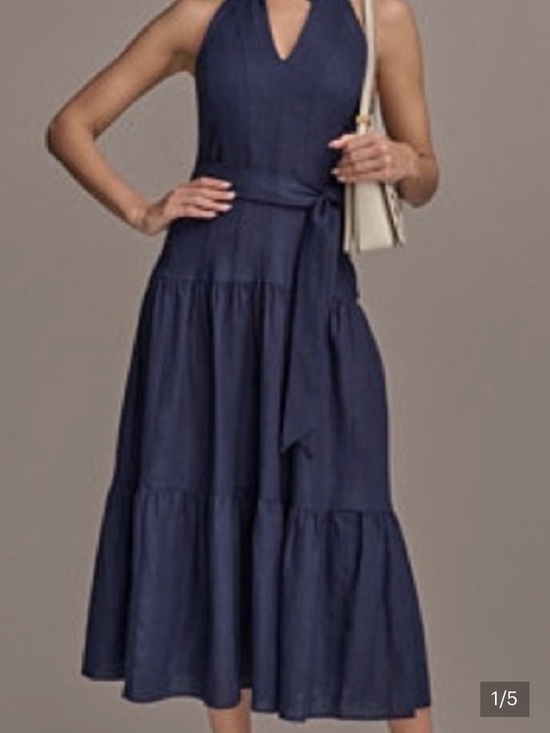 Donna Karan Dresses & Skirts - Donna Karan Navy Backless Halter Dress with Waist Tie